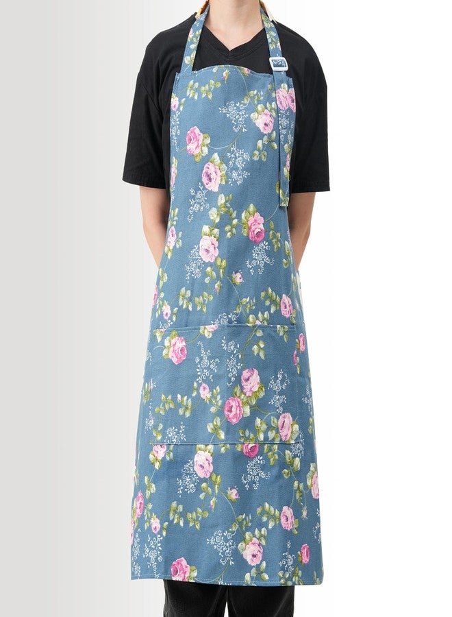 DILLMAN Aprons for Women with Pockets Cotton Linen Cooking Kitchen Baking Soft Durable Floral Gardening Apron (Blue) - Image 4
